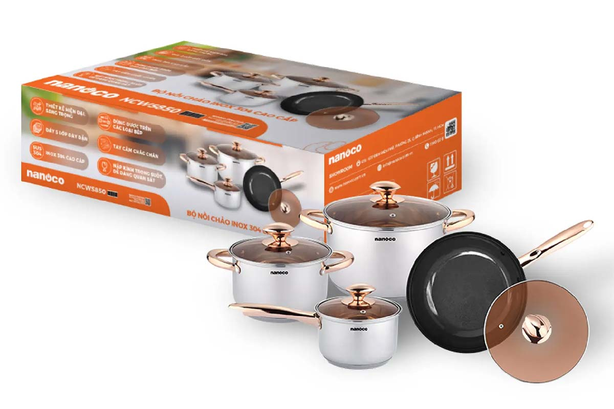 Bộ 3 nồi 1 chảo inox 304 Nanoco NCWS850