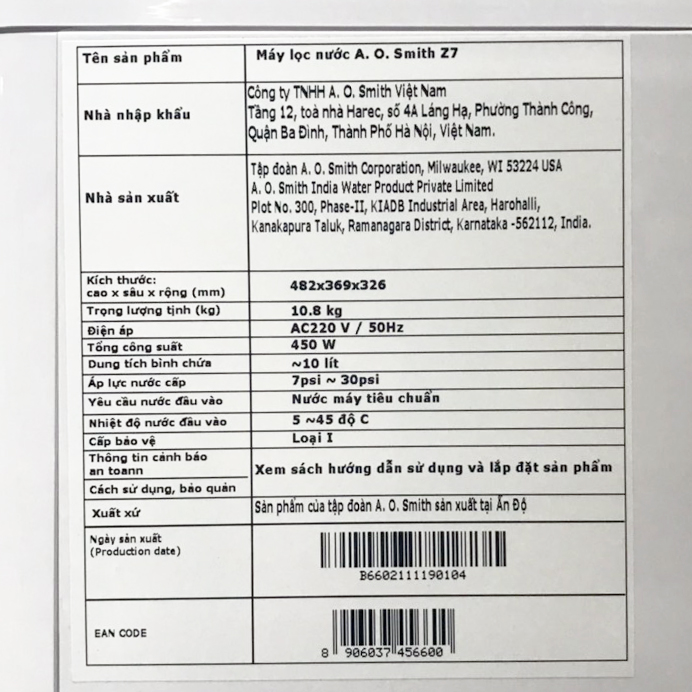Máy lọc nước nóng lạnh RO AO smith Z7