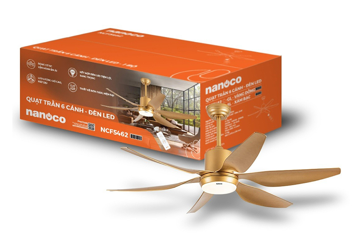 Quạt trần Nanoco 6 cánh NCF5462-GL/SL, có đèn, có khiển